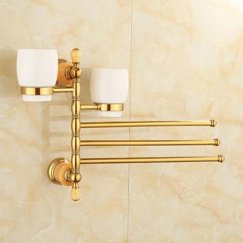 European style all-copper natural jade golden towel rack movable bar rotating multifunctional towel bar with cup