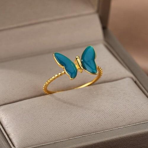 Butterfly Rings For Women Girl Stainless Steel Gold Cute Animal Blue Color Butterfly Ring Finger Jewelry Gift Bijoux Femme