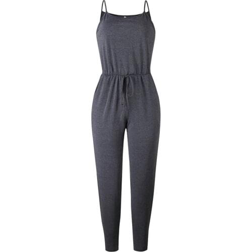 Summer Ladies Beach Sleeveless Playsuit Women Strappy Pocket Solid Long Pants Jumpsuit Casual Holiday Street Crew Neck Jumpsuit