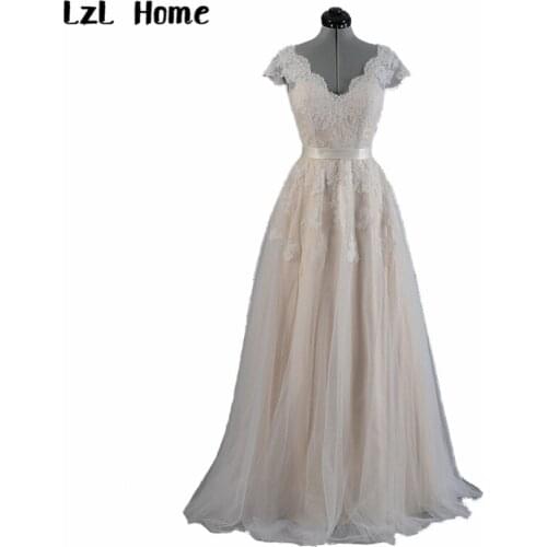 LzL Home Wedding dress A-line bride dress V-neck sleeveless lace tulle ladies dress champagne white slim wedding dress