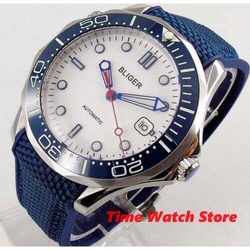 BLiger 41mm Miyota 8215 automatic watch men sapphire glass waterproof white dial date shows blue ceramic bezel canvas strap