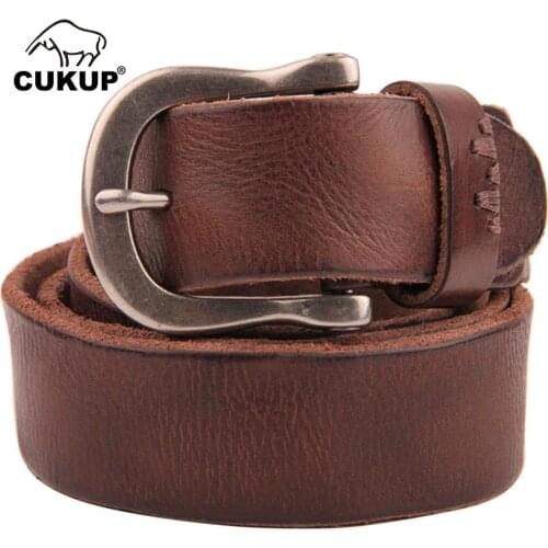CUKUP Mens Top Quality 100% Pure Cow Leather Stripe Male Belts Zinc Alloy Pin Buckle Metal Belt for Men Packed in a Box NCK187