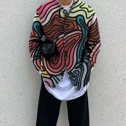 Mens Knitted Sweater Coat Fashion High Quality Brand Loose Tops Vintage Print Long Sleeve Suit Collar Cardigan Casual Jacket