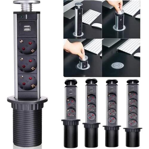Table Socket Pop Up Pull 2/3/4/5 Power Socket with 2 USB Charger Desktop Sockets EU Electrical Plug Outlets for Office Kitchen