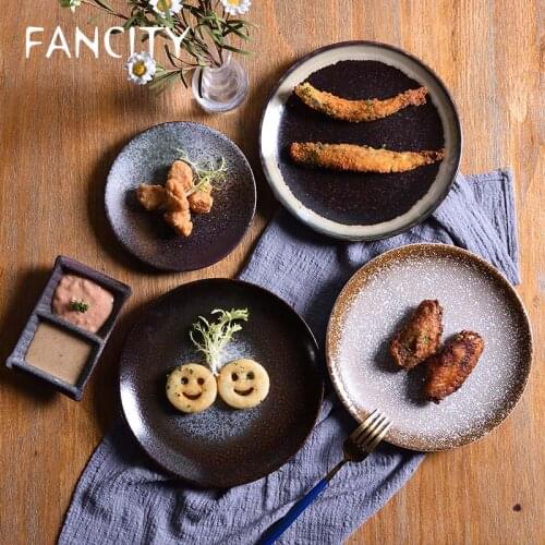 FANCITY Creative Japanese Steak Plate Western Food Plate Pasta Plate Simple Ceramic Breakfast Plate Dinner Plate Household Round