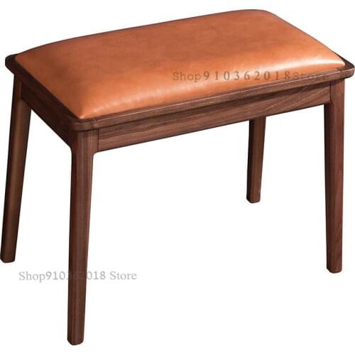 Nordic Minimalist Low Stool Black Leather Soft Cushion Solid Wood Modern Dining Stool Dressing Stool