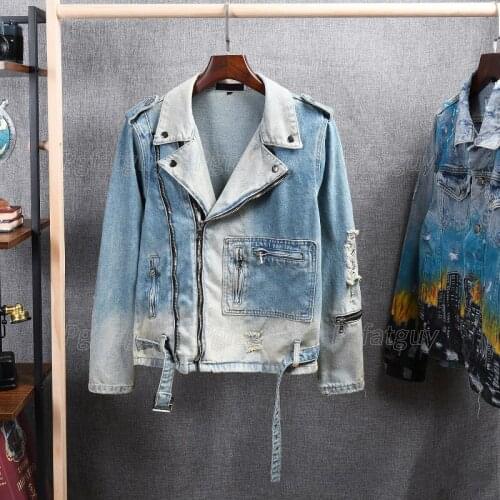 New Mens Holes Ripped Light Blue Jean Biker Jacket For Motorcycle Streetwear Zippers Turn Down Collar Denim Coat Outerwear