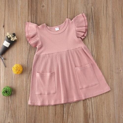 Pudcoco Toddler Baby Girl Clothes Summer Solid Color Fly Sleeve Knitted Cotton Pocket Ruffle Dress Causal Summer Sundress