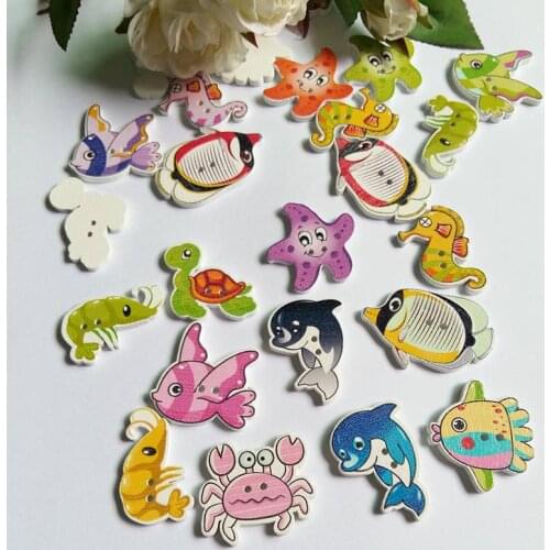120pcs Mixed Marine Animal Series Decorative Buttons 2 Holes Sewing Wooden Buttons Flatblck Scrapbooking