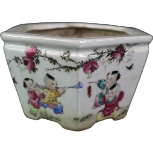Early collection of famille rose baby play pattern six square flowerpot antique porcelain home decoration ornaments