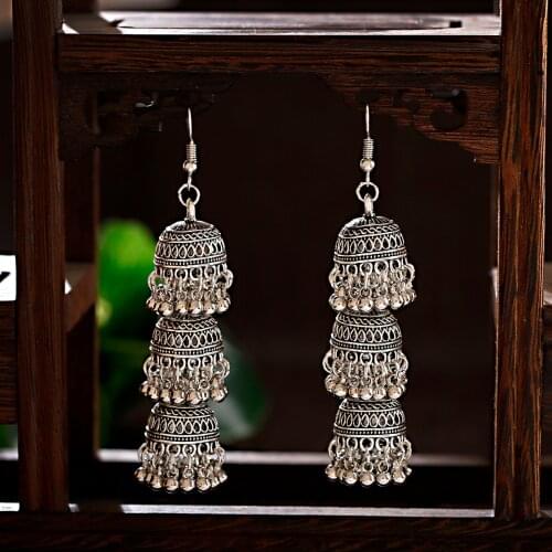 Retro Ethnic Bollywood Kundan Three-layer Drop Indian Earrings For Women Brincos Boho Vintage Bell tassel Gypsy Fashion Jewelry