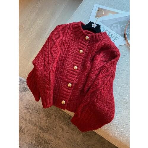 Daanni Christmas Red Sweater Cardigan Winter 2021 New Short Retro Thick Knitting Round Neck Jacket