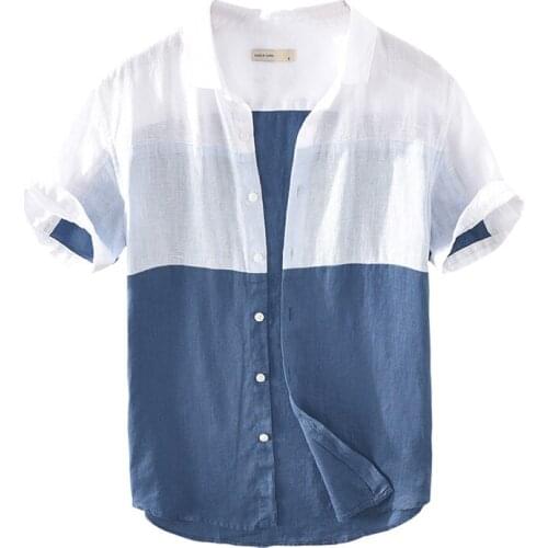 Pure Linen Short Sleeve Shirts for Men Summer New Japanese Fashion Striped Patchwork Tops Male Casual Button Up Designer Shirts