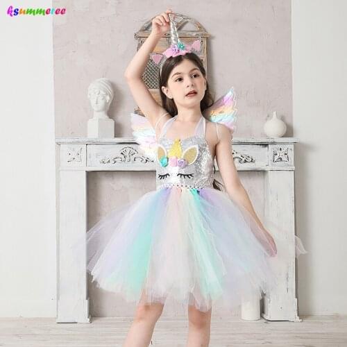 Sequin Unicorn Flower Girls Tutu Dress Pastel Rainbow Pony Dress Kids Halloween Birthday Party Carnival Costume Unicorn Outfit