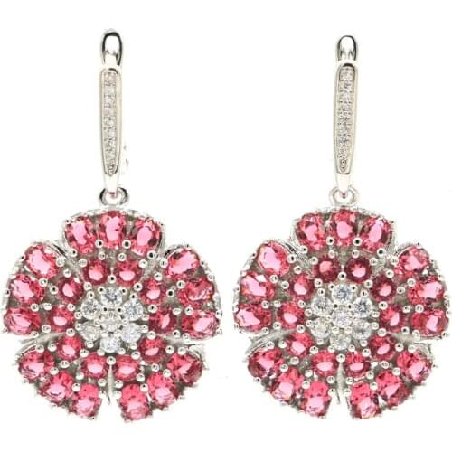 35x16mm SheCrown Luxury 6.4g Created Orange Spessartine Garnet Iolite Blood Ruby Blue Topaz 925 Sterling Silver Earrings