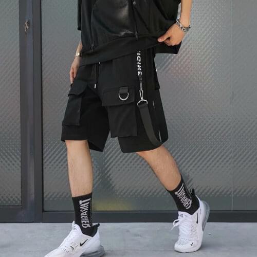 HOUZHOU Mens Shorts Cargo Pants Man Casual Shorts Black Cargo Trousers Male Summer Gym Shorts Japanese Hip Hop Techwear Ribbons