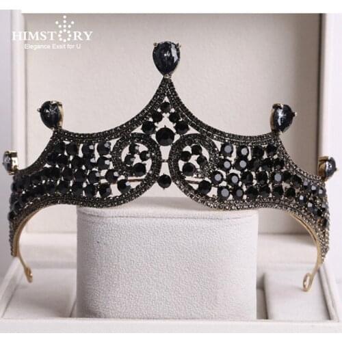 Himstory Baroque Vintage Black Crystal Cubic Tiara Crown Rhinestone Crystal Diadem Pageant Crowns Headband Wedding Hair Jewelry