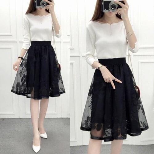 Bonjean Large Size Summer A Line Skirt Women New Lace Girl High Waist Slim Long Skirts Young Female Falda