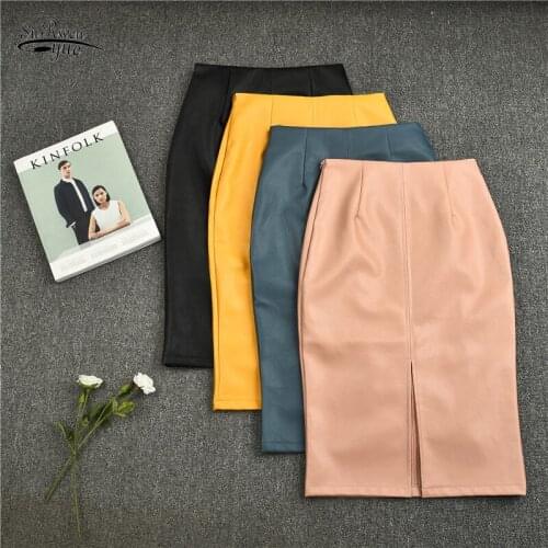Korean PU Leather Skirts Women High Waist Straight Midi Skirts Solid Split Plus Size Skirts Spring Summer Midi Skirt Women 9671