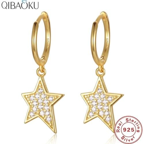 Genuine 925 Sterling Silver Earrings Zircon Star Gold Hoop Earrings for Women Luxury Temperament Shiny Ear Jewelry