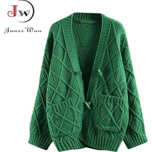 Women Fashion Solid Knitted Sweater Cardigan Autumn Winter Long Sleeve V Neck Pocket Loose Casual Oversized Outwear Tops