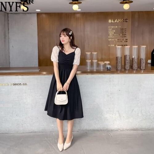 NYFS Summer Dress 2021 New Patchwork Lace Sleeve Woman Dress Vestidos Robe Elbise High waist Hepburn style little black Dress