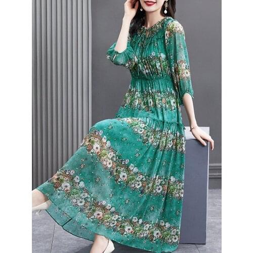 High Quality 100% Silk Dress Women Summer 2021 Floral Maxi Dress Female Korean Fashion Ladies Dresses Vestido De Mujer Pph4806