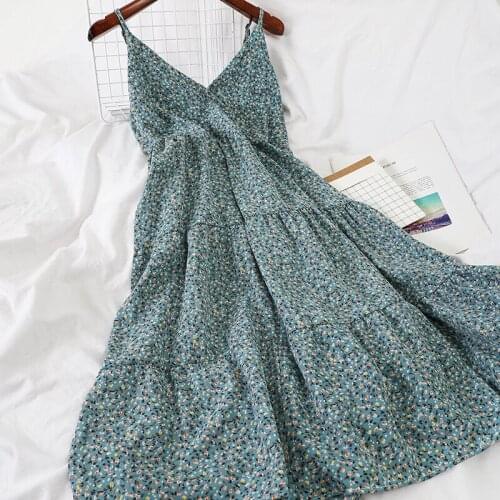 2020 summer new womens suspender medium Chiffon Floral Dress Medium Length V-neck dress