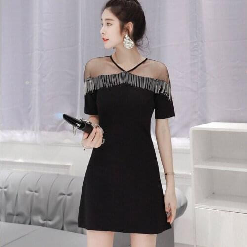 2020 Runway Brand Designer Sheer A Line Dress Women Tassel Mesh Patchwork Mini Dress Club Wear for Ladies Black Dress Summer