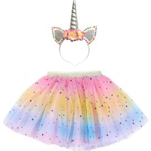 Girls Squins Unicorn Birthday Party Skirts with LED Headband for Children Shiny Rainbow Color Tutu Dresses Kids Stage Costume