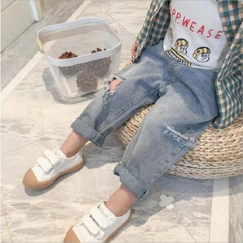 Spring 2-7Y Chiildren Clothes Pants For Boys Elastic Waist Hole Fashion Kids Jeans Girls Autumn Novelty Clothes For Infant