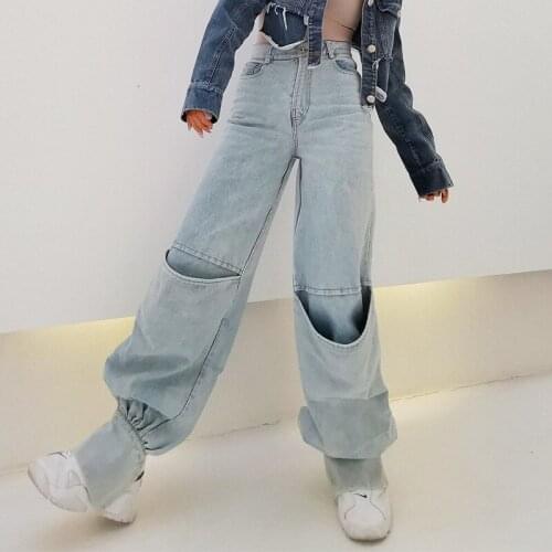 Baggy Jeans Woman High Waist Sexy Denim Trousers 2021 New Temperament Hollow Casual Casual Hem Pocket Loose Leggings джинсы