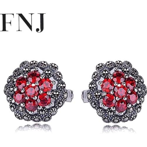 FNJ Garnet Earrings 925 Silver Original Pure S925 Sterling Silver Stud Earring Women Jewelry Vintage