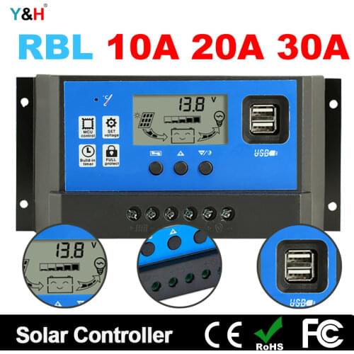 30A 20A 10A Solar Charge Controller PWM 12V 24V Regulator Solar Panel PV Home Battery Charger LCD Dual USB 5V Output
