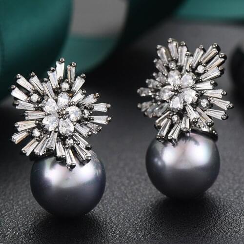 Missvikki Handmade Famous Full CZ Original Design Black Pearl Earrings Jewelry for Bridal Wedding Daily Party Show Earrings