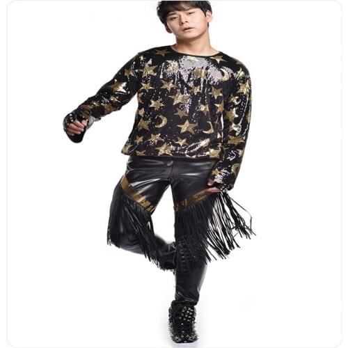 R18 Men singer stage performance show wears T-shirt dj dresses tassel clothe ballroom dance costumes prom outfits bar pants club