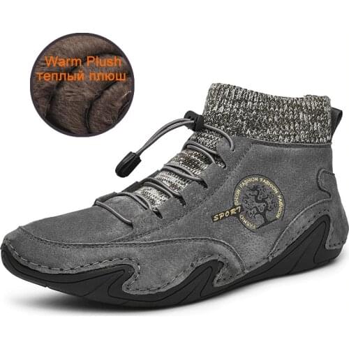 Men Winter Boots Sneakers Genuine Leather Ankle Boots High Top Sneakers Lace Up Outdoor Footwear Big Size 48 47 Plush Shoes