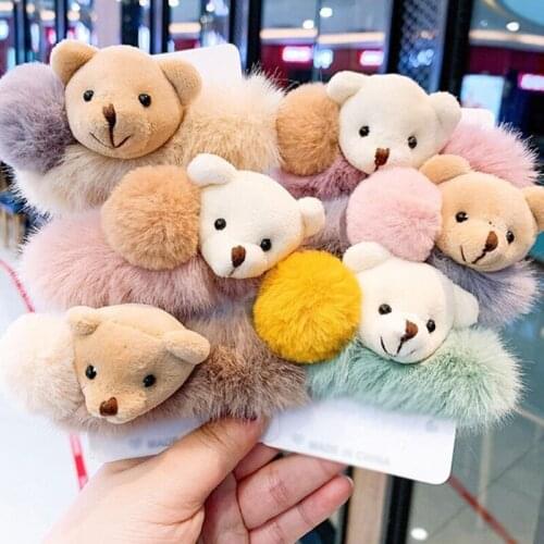 Oaoleer Cute Bear Furry Elastic Hair Bands Korean Lovely Colorful Headbands Rope Tie Holder For Women Girls Fur Hair Accessories