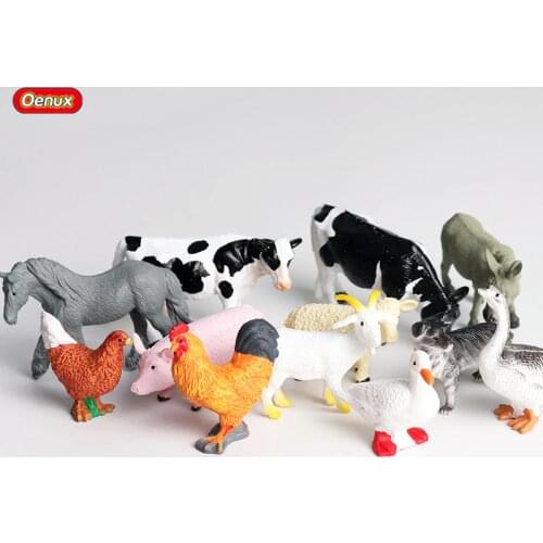 Oenux 12PCS Mini Farm Zoo Animals Action Figures Simulation Poultry Pig Duck Hen Goose Horse Cow Dog Goat Model Toy For Kid Gift