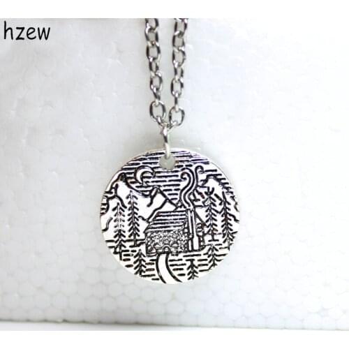 Hzew Lovely Pine Tree cabin scene moon the mountain necklace camping jewelry simple life Gifts for Campers