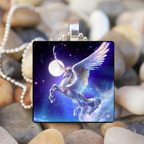 New Moonlight Unicorn Photo Tile Necklace Horse with Wings Jewelry Glass Pendant Chain Neckless Women Fashion Jewelry wholesale