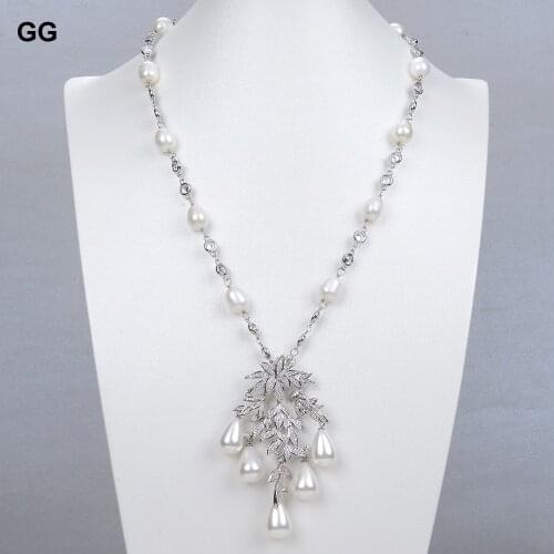 22" White Rice Pearl Necklace Sea Shell Pearl CZ Pendant