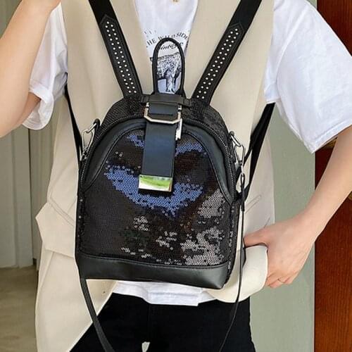 Fashion PU Leather Backpack for Ladies Sequins Travel Rucksack Casual Female Shoulder Bags Womens Mini Backpack Rivet Backpacks