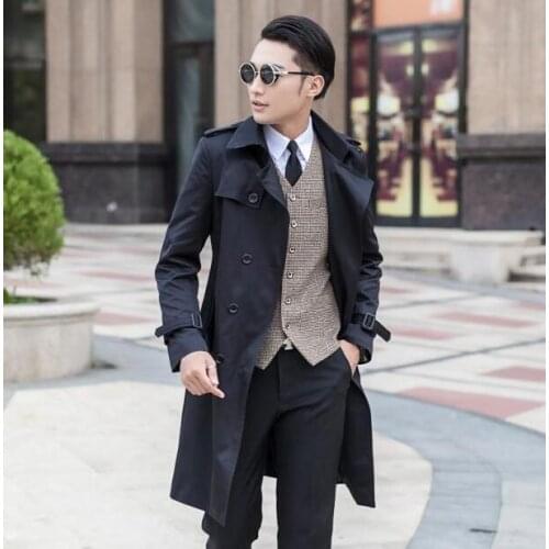 Spring autumn mens trench coats man double breasted long coat men clothes slim fit overcoat men khaki black plus size S - 9XL