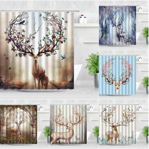 Forest Wild Animal Shower Curtains Elk Fruit Bird Deer Flowers Pattern Modern Home Decor Screens Waterproof Bathroom Curtain Set