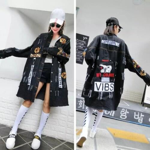 2021 New 3XL 4XL Autumn Lapel Printed Cowboy Split Joint Loose Long Big Size Denim Jacket Women Coat Fashion Tide