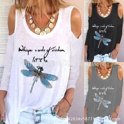 Fashion Print Tee women dragonfly Long sleeves T-shirt 2020 New Fall Oversize T-shirt Fashionable Street Womens white black Top