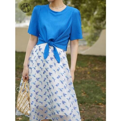 FANSILANEN Office Lady 100% Womens Round Neck Short Sleeve Blue Red T-shirt Summer 2021 New Casual Loose White Tops