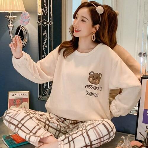 Womens Pajamas Autumn Winter Flannel Pyjamas Set For Women Sleepwear Homewear 2Pcs Woman Home Clothes Pants Suit Female Pijamas