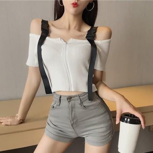 Women Sexy Slim Slash Neck T-shirt Sexy Summer Knit Crop Top Zip Up Stranger Things Tee